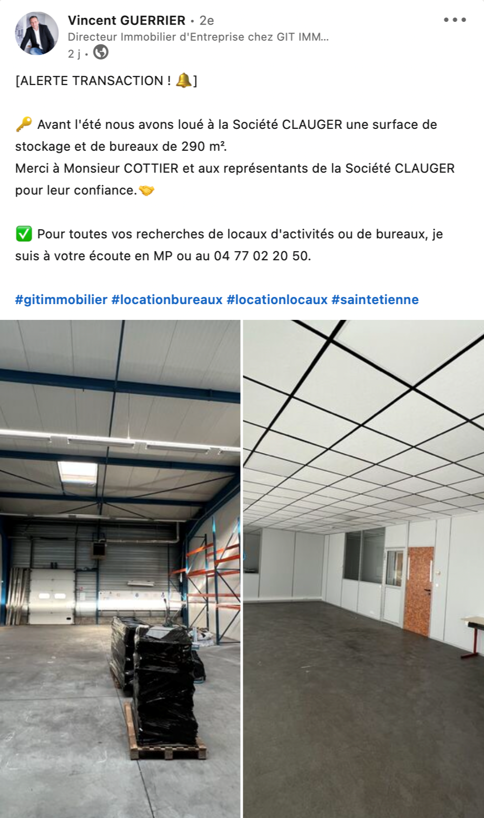 post linkedin sur une transaction immobilière avec photos du local